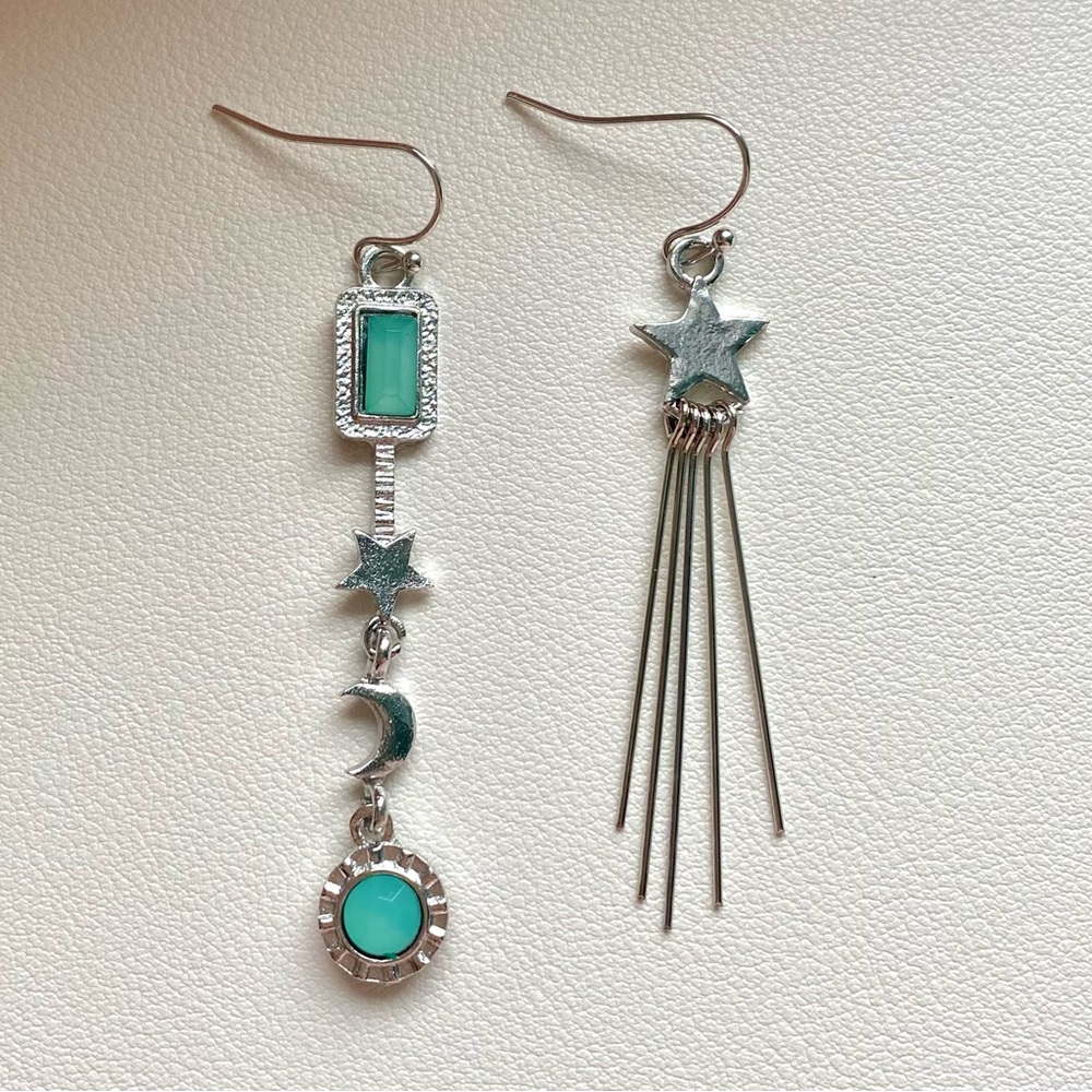 Silver and Green Star and Moon Earrings